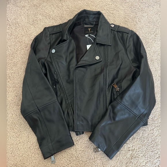 Ted Baker- NWT Black Leather Cropped Biker Jacket - Picture 2 of 5